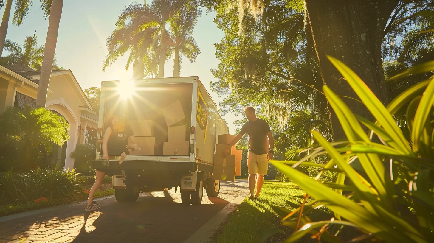 a joyful family loads eco-friendly moving boxes into a biodiesel truck under the warm florida sun, surrounded by lush greenery reflecting their commitment to sustainable practices and a cleaner community.