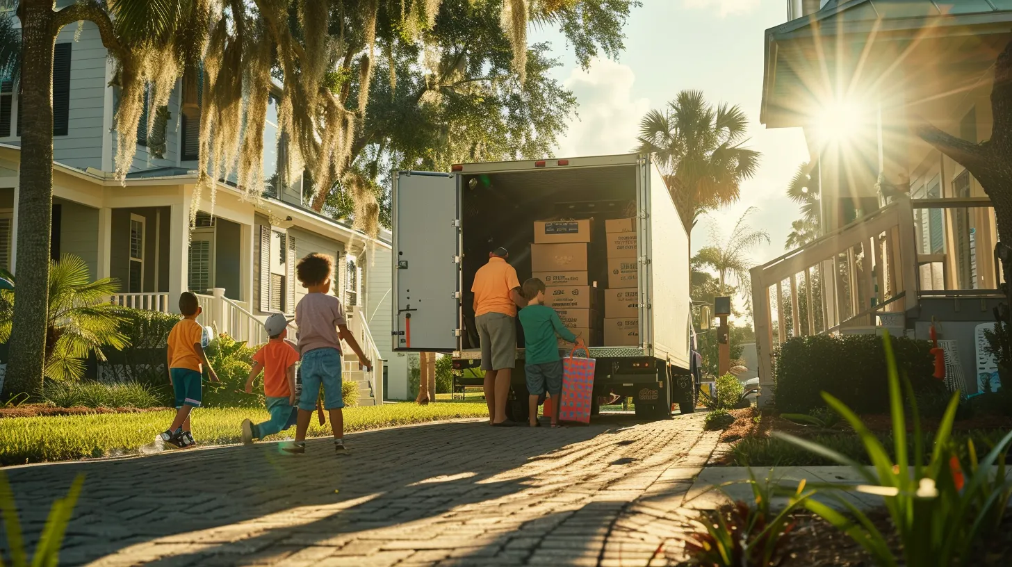 a joyful family oversees cheerful movers efficiently loading their belongings into a bright truck outside their sunlit florida home, embodying the spirit of cost-effective same-day local moving solutions.