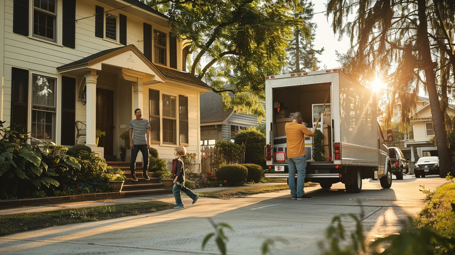 a joyful family oversees professional movers carefully loading their cherished belongings into a trusted moving truck outside their sunny florida home, embodying the reliability and peace of mind of same-day local moving services.