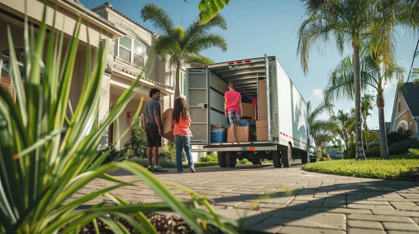 a joyful family oversees their local movers carefully loading belongings from a sunny florida home into a bright, spacious moving truck, symbolizing the reliable transition to their new condo with a clear blue sky above.