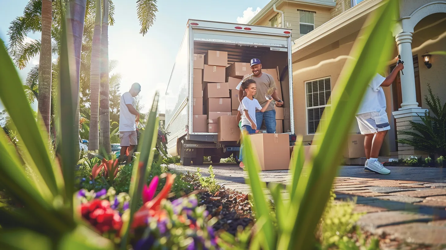 a joyful family stands amidst packed boxes outside their sunny florida home, smiling as cheerful movers in bright uniforms load their belongings into a moving truck, embodying the excitement of a seamless transition to their new condo.