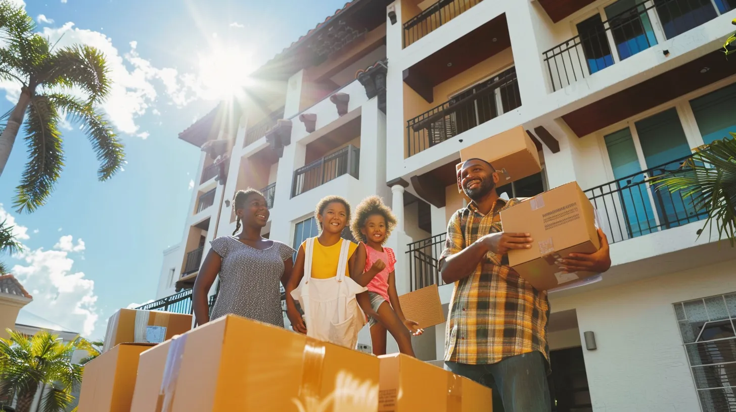 a joyful family stands in front of their florida condo, surrounded by moving boxes, radiating excitement and hope as cheerful movers efficiently handle their belongings against the backdrop of a bright, sunny sky.