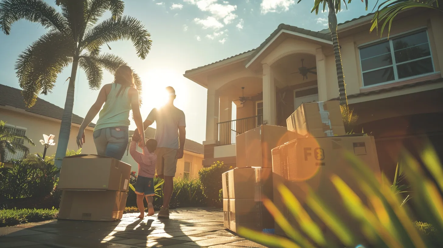 a joyful family stands outside their bright, sunlit florida home, surrounded by neatly packed boxes and cheerful movers, embodying the excitement of a seamless same-day local move to their new condo.