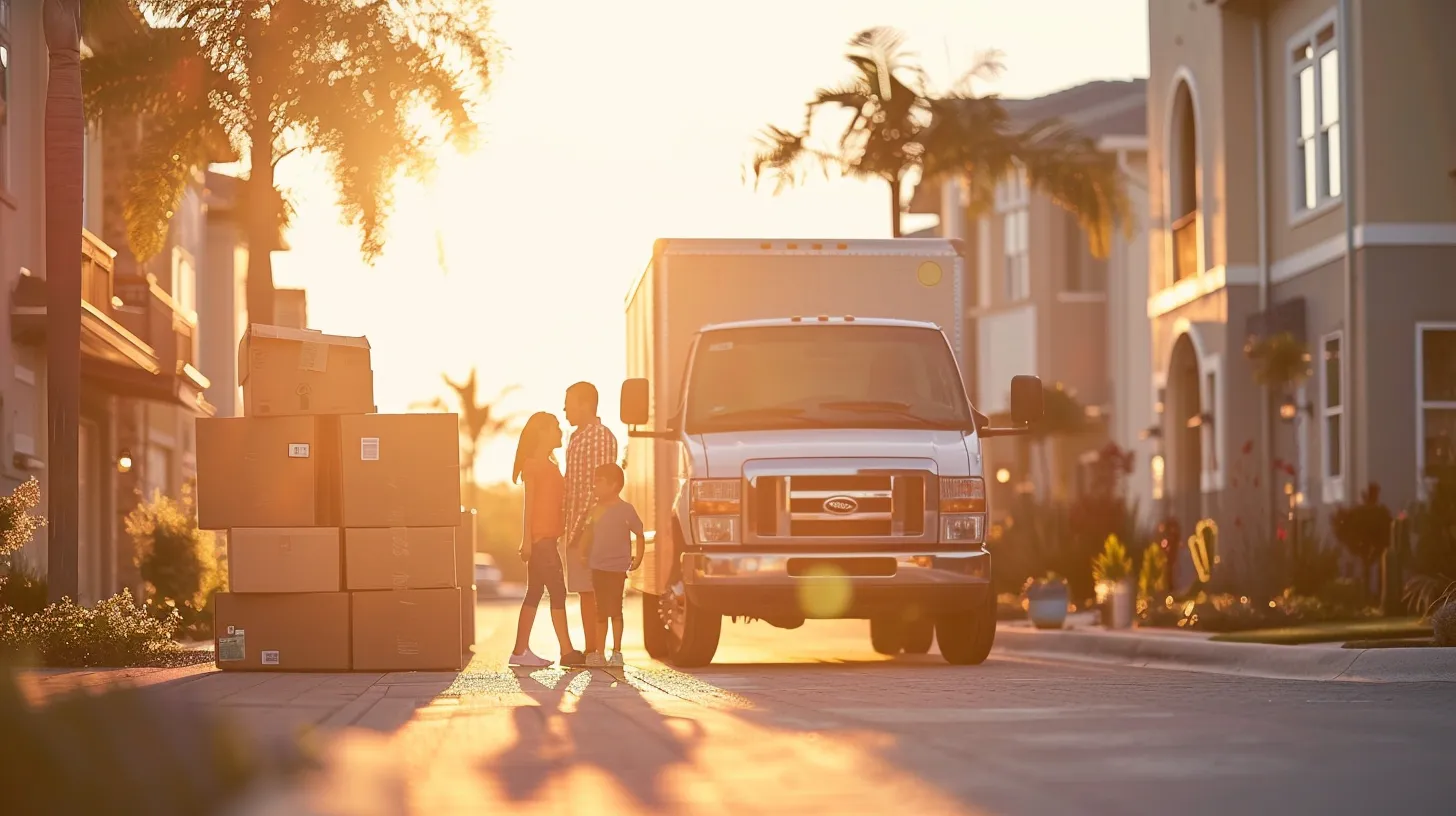 a joyful family stands outside their newly rented condo in florida, surrounded by moving boxes and a brightly painted moving truck, capturing the excitement and optimism of a local relocation under warm, golden sunlight.