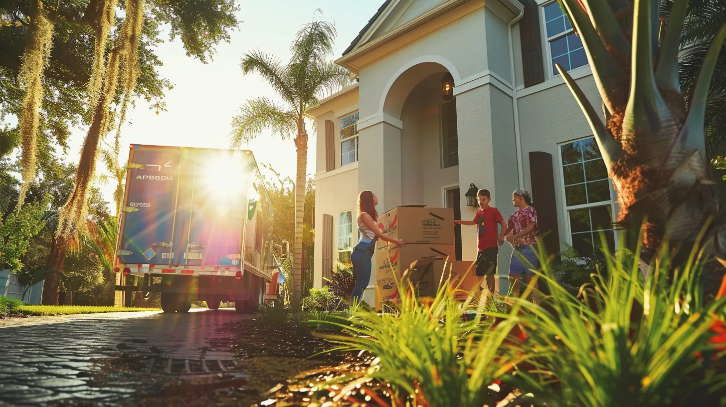 a joyful family stands outside their sunlit florida home, surrounded by colorful moving boxes, as happy movers expertly load their belongings into a bright moving truck, capturing the excitement of their transition to a new condo.