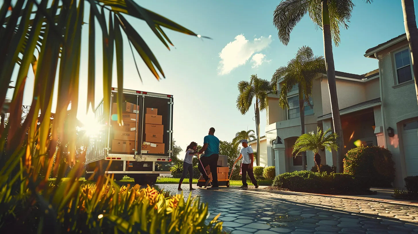 a joyful family stands outside their vibrant florida home, watching as friendly professional movers expertly load their belongings into a bright truck beneath the warm sunlight, embodying the excitement of a seamless transition to their new condo.