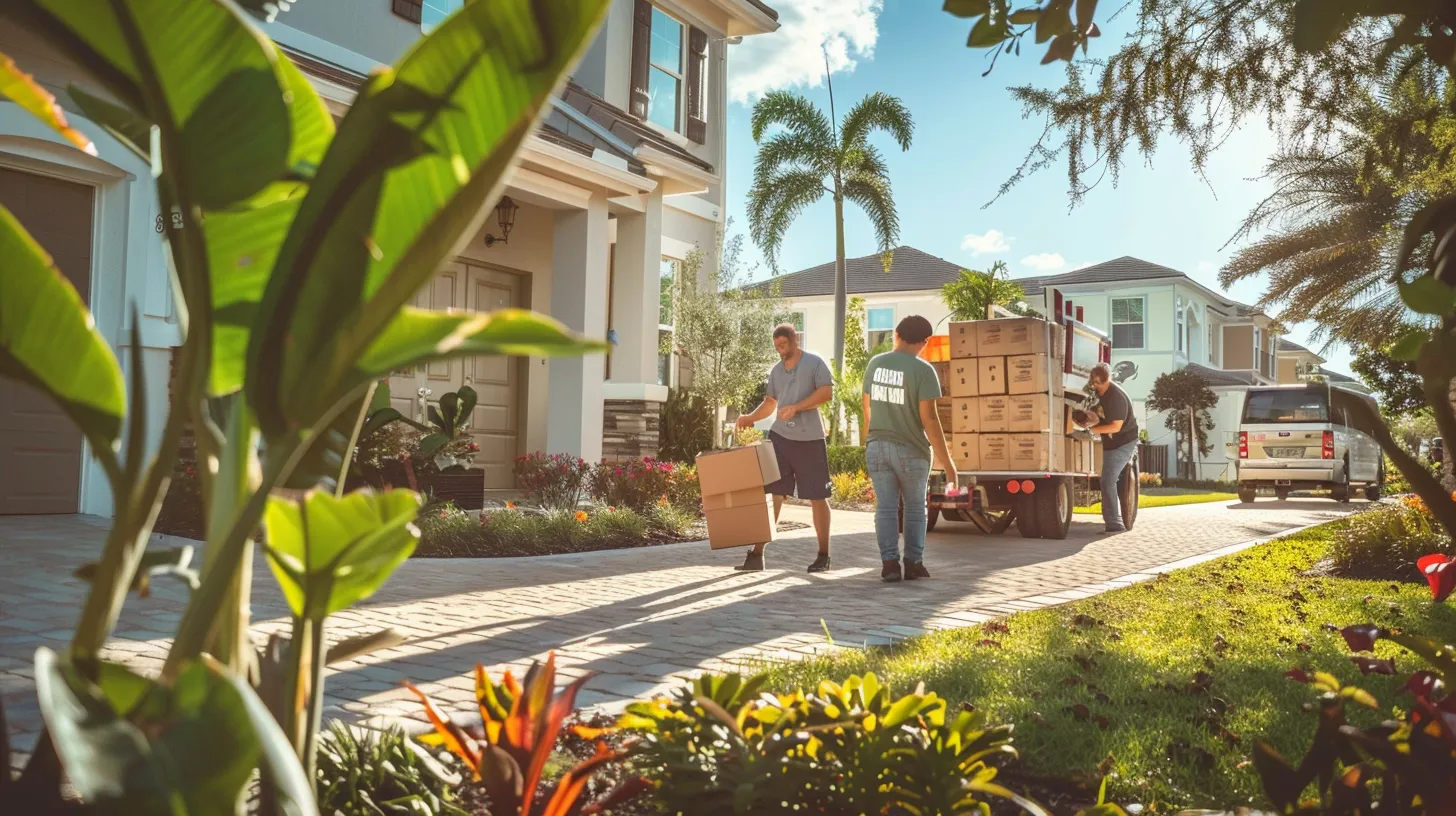 a joyful family stands outside their sunny florida home, surrounded by cheerful movers loading boxes into a vibrant moving truck, symbolizing the exciting transition to their new condo.