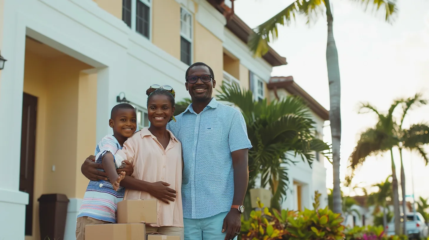 a joyful family stands together outside their vibrant new florida condo, surrounded by boxes and palm trees, symbolizing a fresh start and a welcoming community.