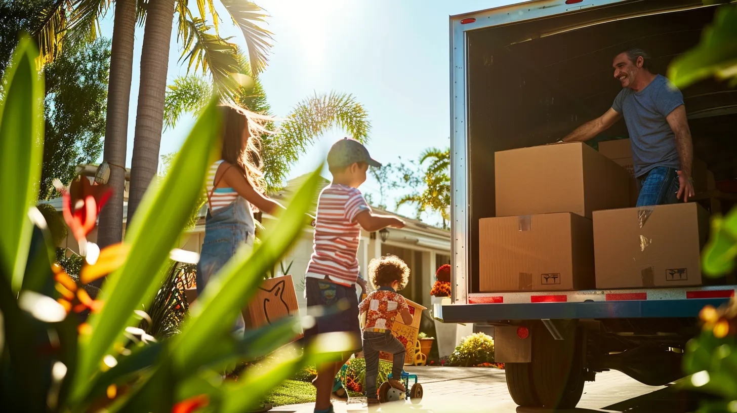 a joyful family, surrounded by colorful moving boxes, is cheerfully directing professional movers as they load their belongings from a sunny florida home into a sleek moving truck, highlighting the efficient transition to their new condo.