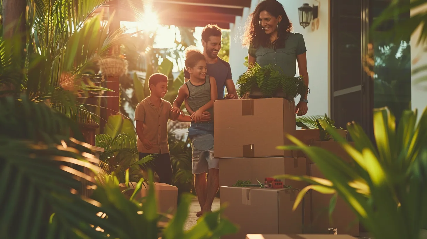 a joyful family, surrounded by eco-friendly moving boxes and lush florida greenery, celebrates their seamless transition from a spacious house to a vibrant condo, embodying the spirit of sustainable living.