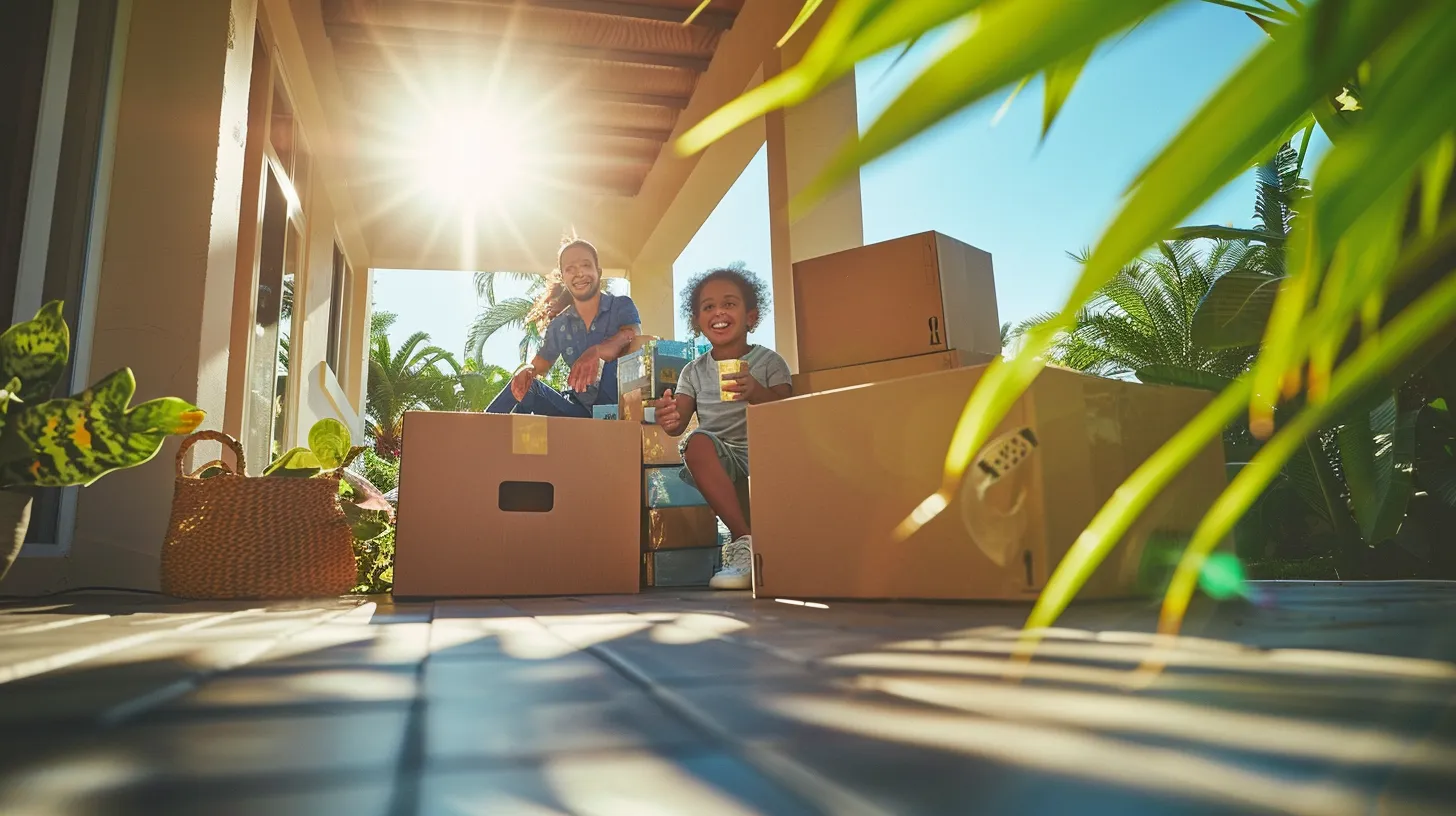 a joyful family, surrounded by moving boxes and vibrant florida greenery, experiences the excitement of relocating from a house to a bright condo, embodying the warmth and personal touch of local movers against a backdrop of clear blue skies.