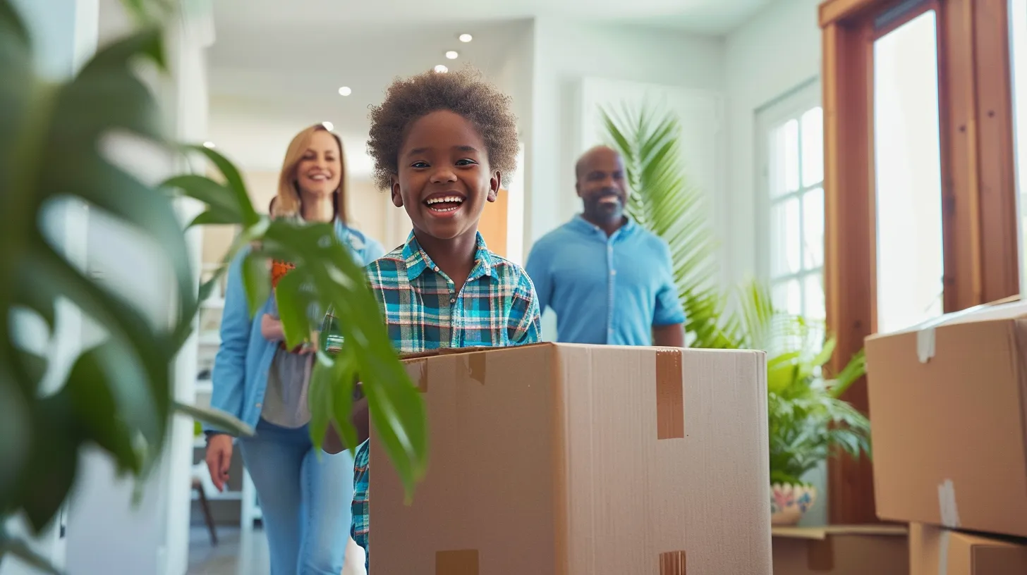 a joyful family, surrounded by vibrant packing boxes and tropical plants, embarks on their move from a sunny florida house to a bright, welcoming condo, capturing the essence of a stress-free relocation.