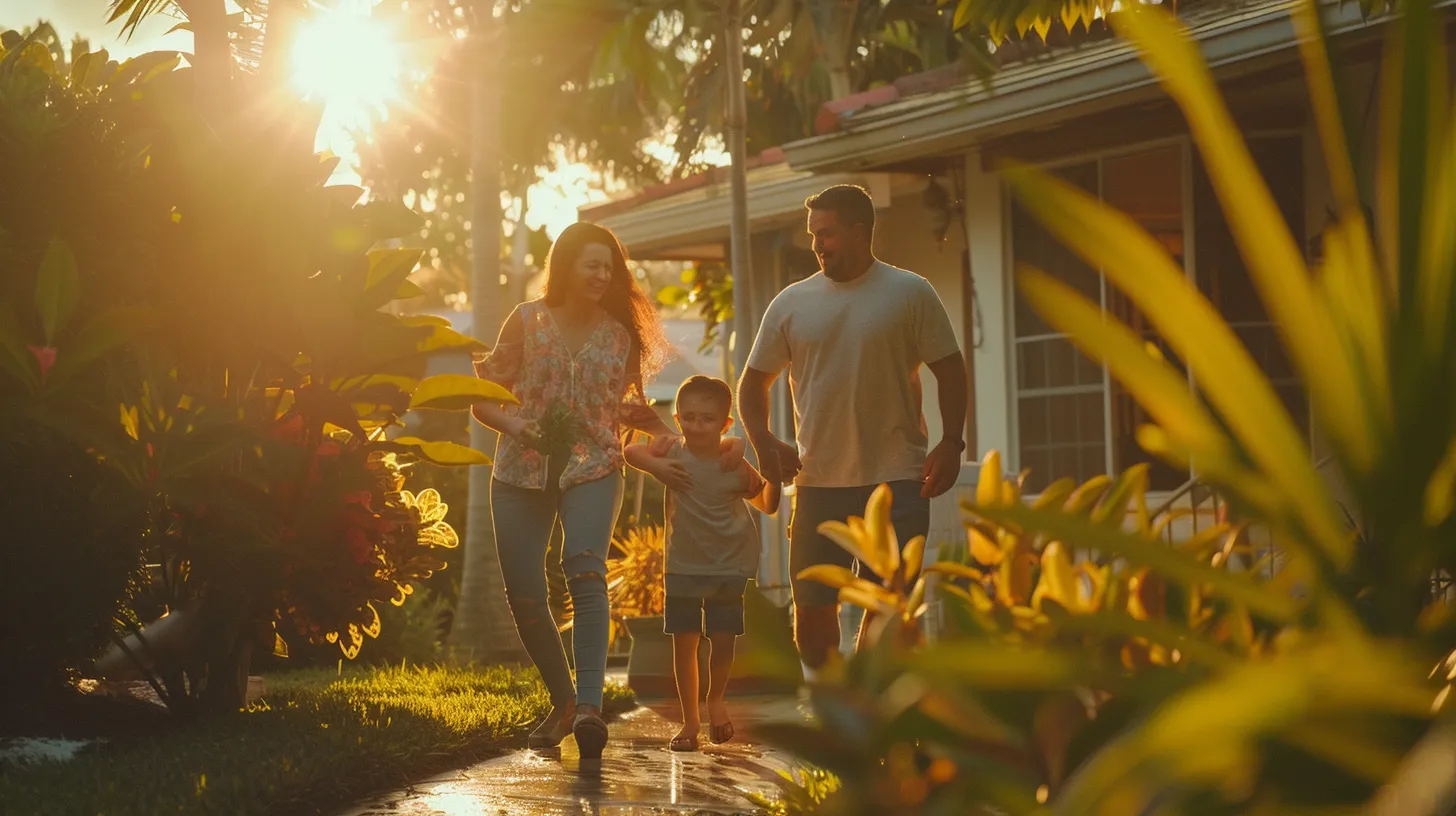 a joyful family, surrounded by vibrant florida vegetation, engages happily with cheerful movers as they transition from their charming house to a bright condo, embodying the excitement of a new beginning under warm, golden sunlight.