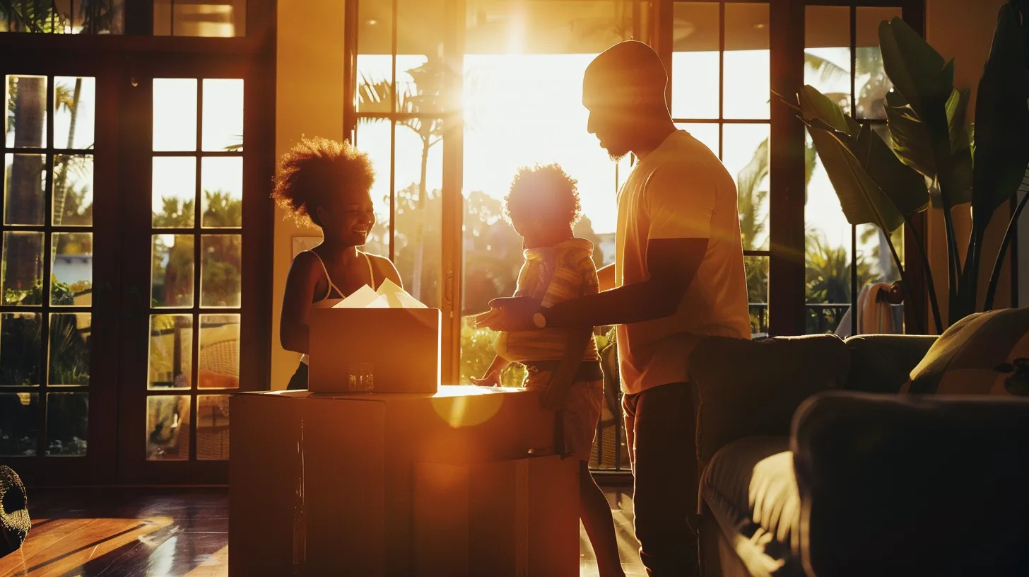 a joyful family unpacks boxes in their bright, airy florida condo, surrounded by warm sunlight streaming through large windows, symbolizing their fresh start and the excitement of new beginnings in their vibrant community.