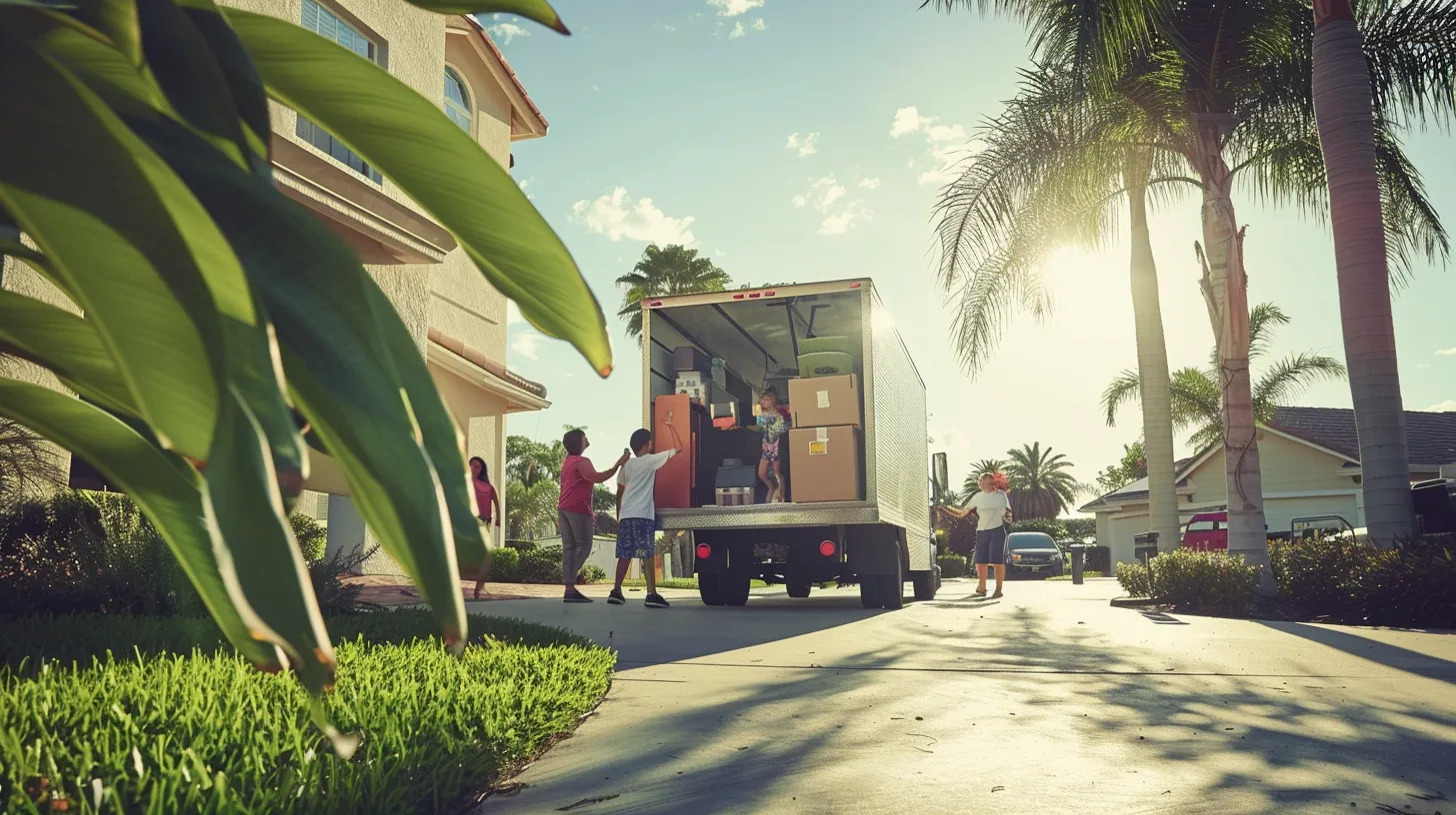 a joyful family watches as cheerful movers efficiently load their belongings into a bright moving truck outside their florida home, surrounded by palm trees and vibrant sunshine.