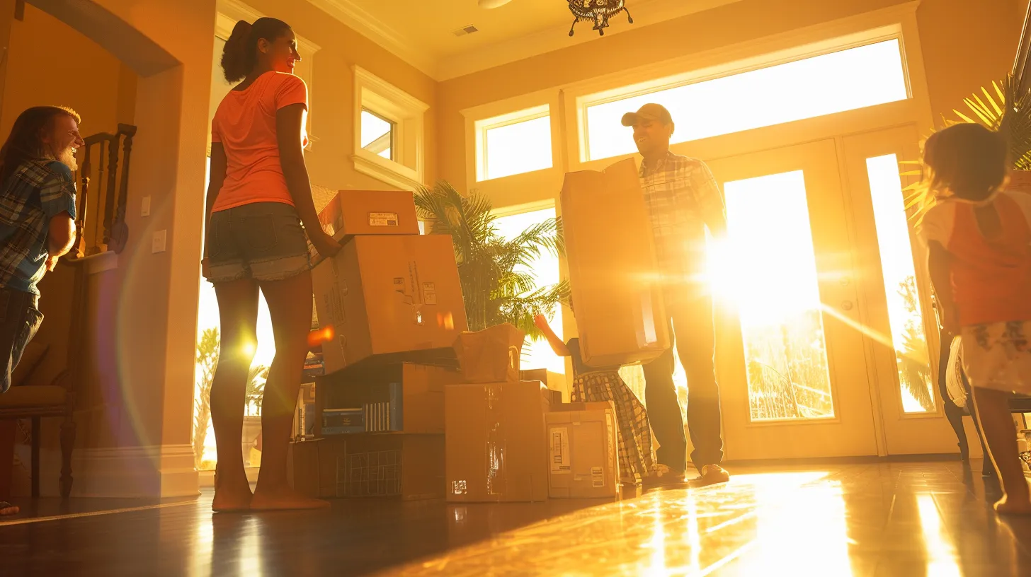 a joyful family watches as cheerful movers expertly transfer their belongings from a spacious house into a bright, modern condo under the warm florida sun.