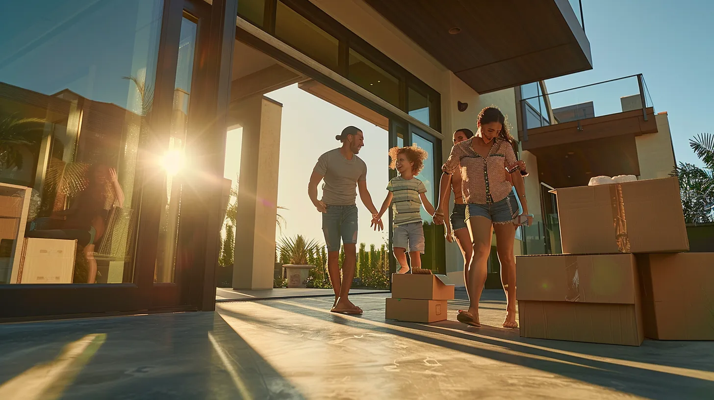 a lively family joyfully transitions from a sunlit house to a modern condo in florida, surrounded by moving boxes and the warmth of a bright blue sky.