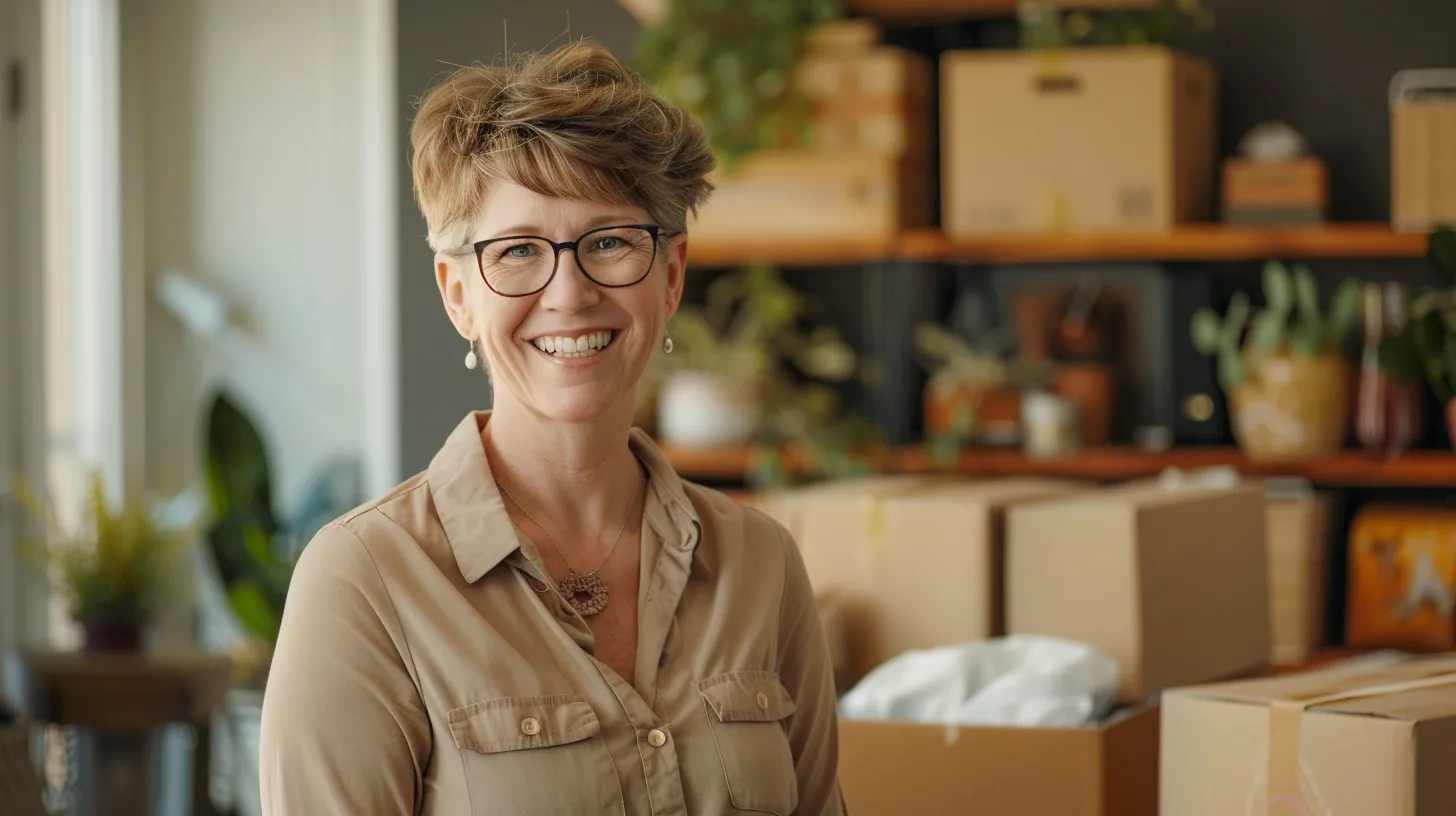 a lively scene of a cheerful family joyfully transitioning from a sunny florida house to a modern condo, surrounded by expertly organized boxes and smiling movers in bright, natural light.