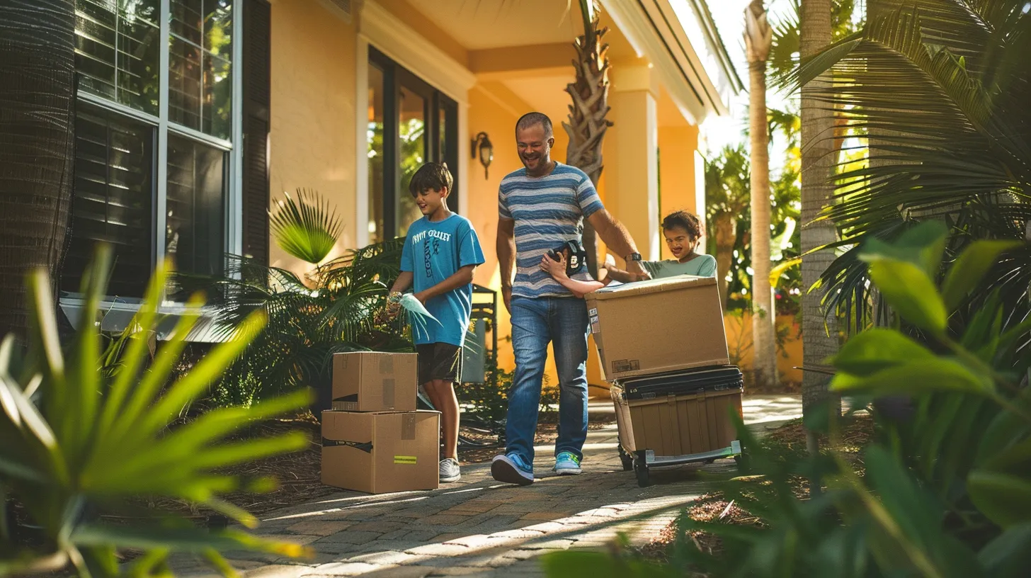 a vibrant florida scene captures a cheerful family happily moving from their charming house to a modern condo, reflecting the dynamic contrast between local movers and diy options.