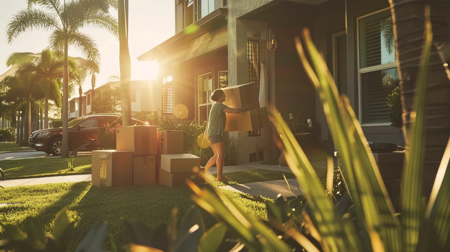 a vibrant scene captures a cheerful family unloading boxes in front of a stylish florida condo, symbolizing the excitement of a successful move with happy movers in the background, bathed in warm sunlight.