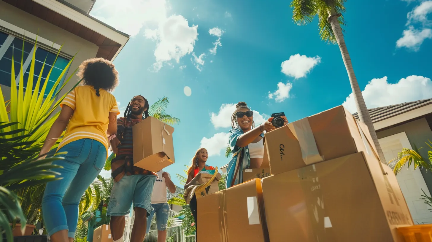 a vibrant scene captures a joyful family enthusiastically packing their belongings outside a sunny florida house, with moving boxes stacked neatly and a bright blue sky overhead, symbolizing a new beginning as they prepare for their condo relocation.