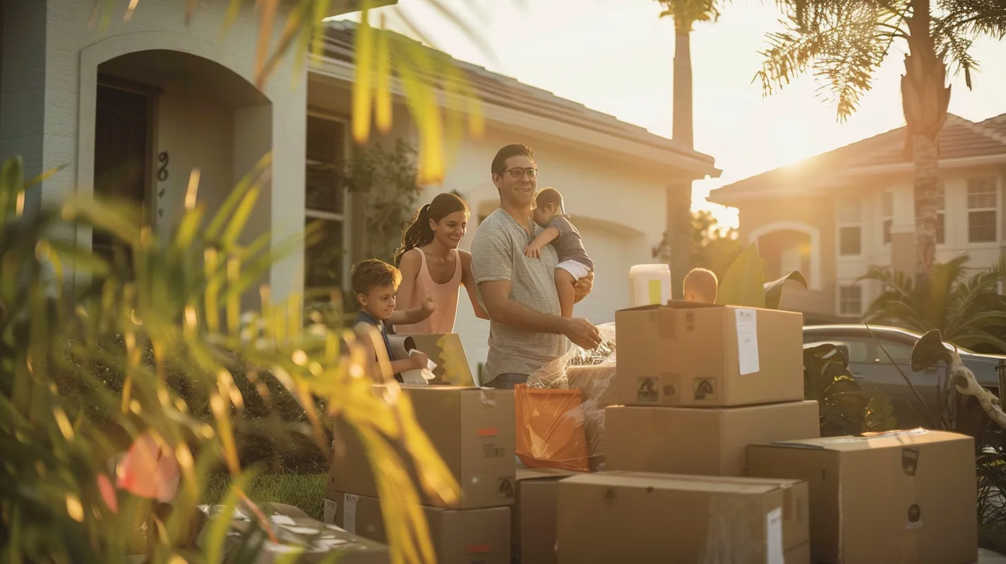 a vibrant scene captures a cheerful family efficiently packing their belongings into boxes outside a sunny florida house, with organized packing materials and clearly labeled boxes ready for their move to a new condo, embodying a sense of joy and excitement.