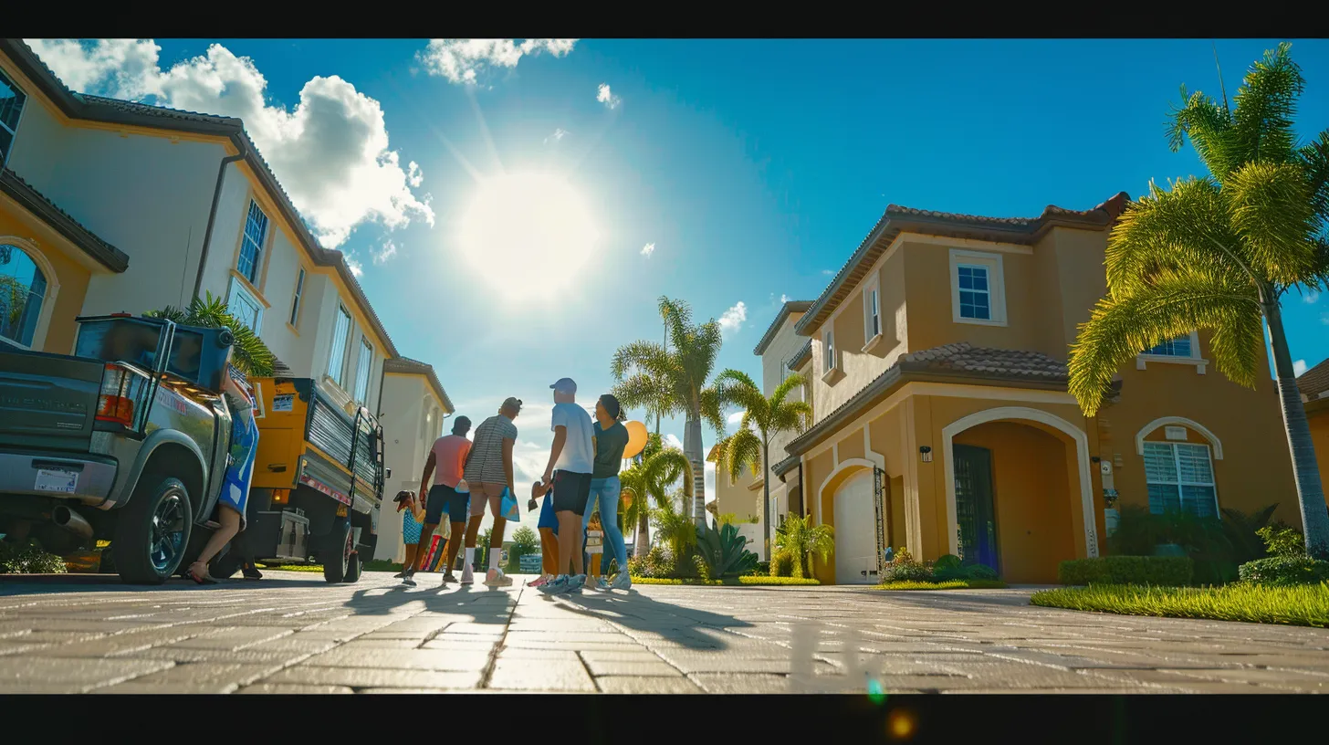 a vibrant scene captures a cheerful family joyfully transitioning from their sunny florida house to a modern condo, surrounded by friendly local movers, all under a brilliant blue sky that enhances the sense of community and personalized service.