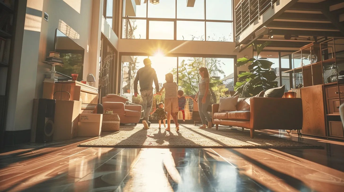 a vibrant scene captures a cheerful family surrounded by friendly movers, as they effortlessly transition from a sunny florida house to a stylish condo, reflecting their positive customer experience in the moving process.