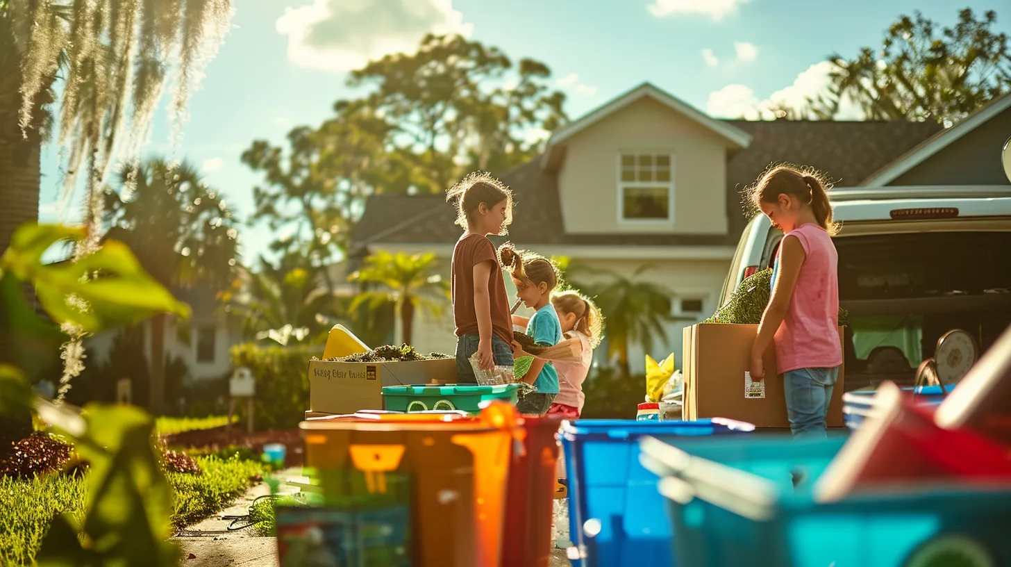 a vibrant scene captures a cheerful family in florida joyfully packing their belongings into a moving truck outside their house, surrounded by donation boxes labeled for charity and a colorful compost bin, emphasizing their commitment to sustainable disposal practices.