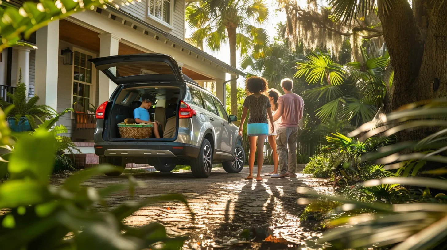 a vibrant scene captures a cheerful family loading eco-friendly vehicles outside their sunny florida home, with a backdrop of lush greenery that symbolizes their commitment to sustainable moving practices.