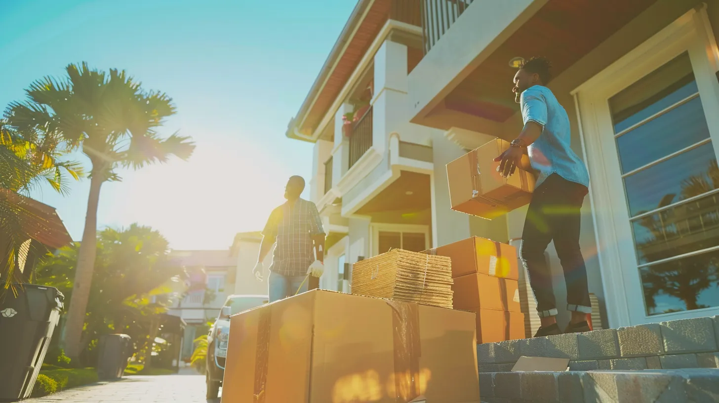 a vibrant scene captures a cheerful family surrounded by their belongings as they transition from a sunlit florida house to a modern condo, illustrating the contrasting emotions of professional movers at work and the diy spirit of relocating.