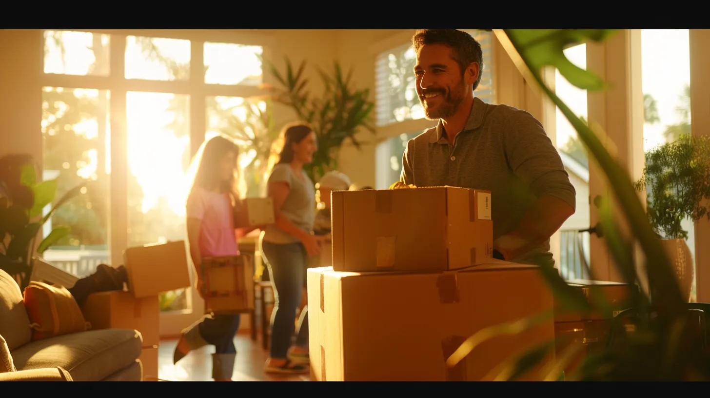 a vibrant scene capturing a cheerful team of local movers expertly organizing boxes and furniture as a joyful family transitions from a sunlit florida house to a stylish condo, embodying the essence of a smooth and supportive moving experience.