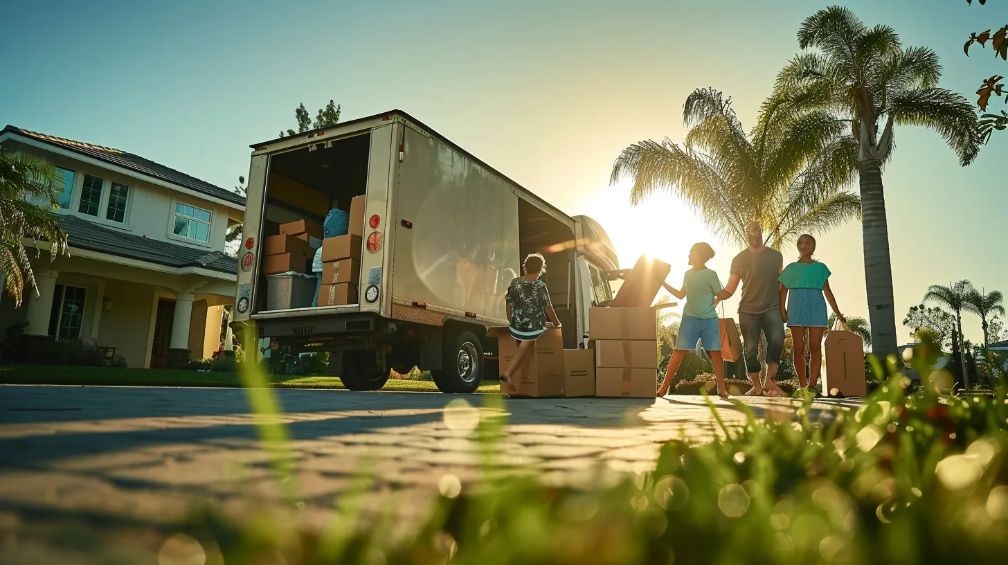 a vibrant scene of a joyful family efficiently packing their belongings into a moving truck outside their sunny florida home, showcasing the excitement and camaraderie of a diy move.