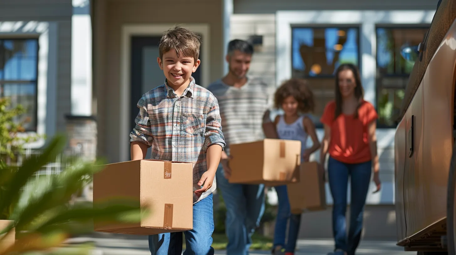 a vibrant scene of a cheerful family joyfully moving from a sunny florida house to a modern condo, surrounded by friendly movers efficiently unloading boxes, capturing the essence of seamless same-day local moving.