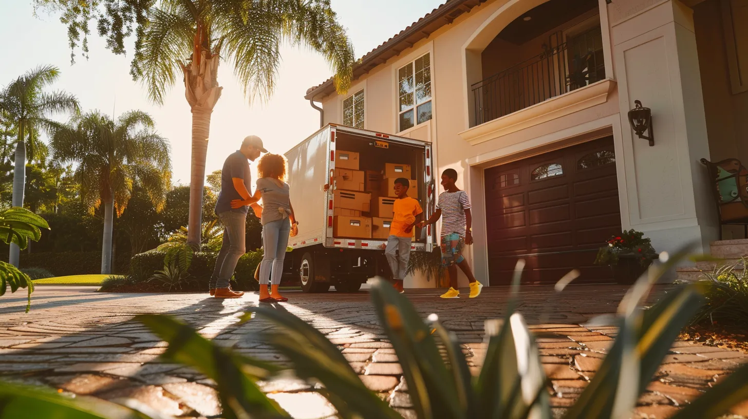 a vibrant scene of a cheerful family joyfully relocating from a sunlit florida house to a modern condo, surrounded by friendly movers loading their belongings into a bright, open moving truck, embodying the essence of affordable and stress-free local moving services.