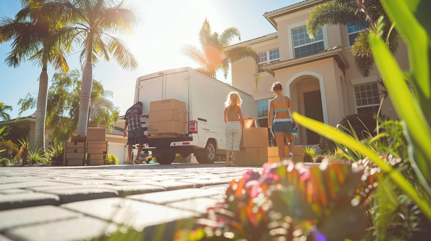 a vibrant scene of a joyful family packing their belongings outside a sunlit florida house, with moving boxes stacked neatly and a cheerful moving truck ready, symbolizing the excitement of a seamless local move to their new condo.