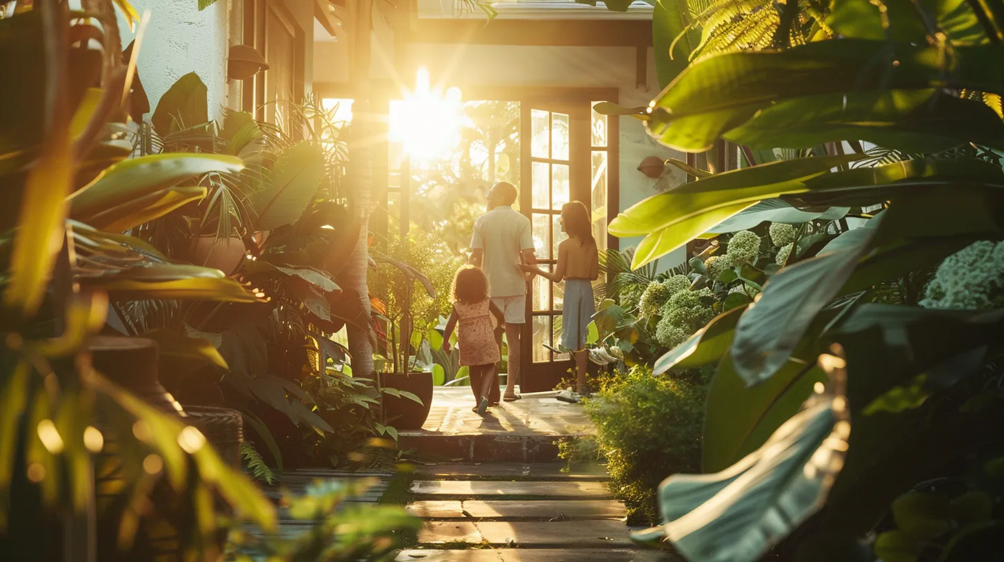 a vibrant scene of a joyful family surrounded by lush greenery, as they happily transition from a charming florida house to a bright, eco-friendly condo, symbolizing the benefits of sustainable moving practices.