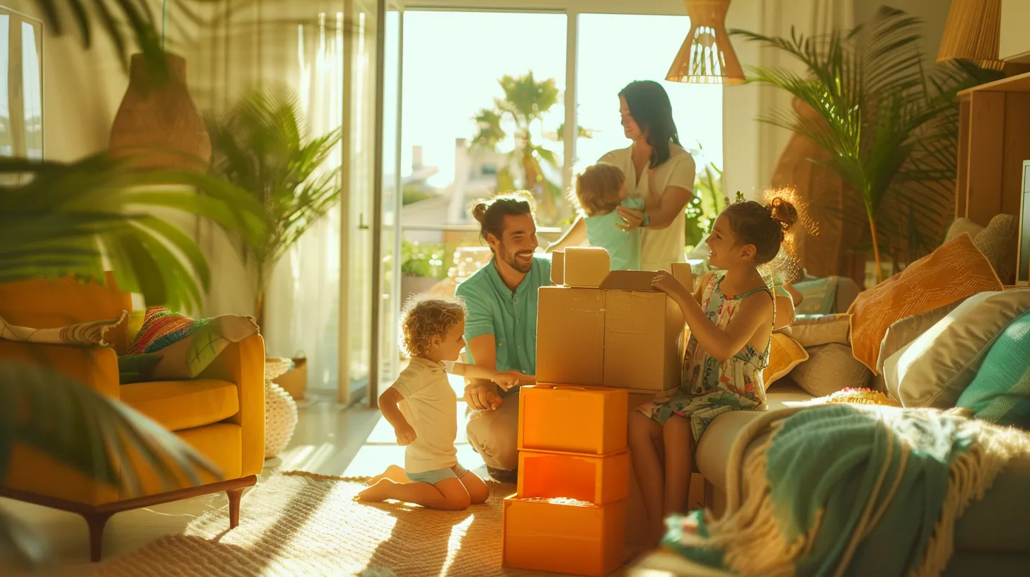 a cheerful family joyfully unpacks colorful boxes in their sunlit florida condo, surrounded by vibrant décor, as they embrace their new home's cozy atmosphere.