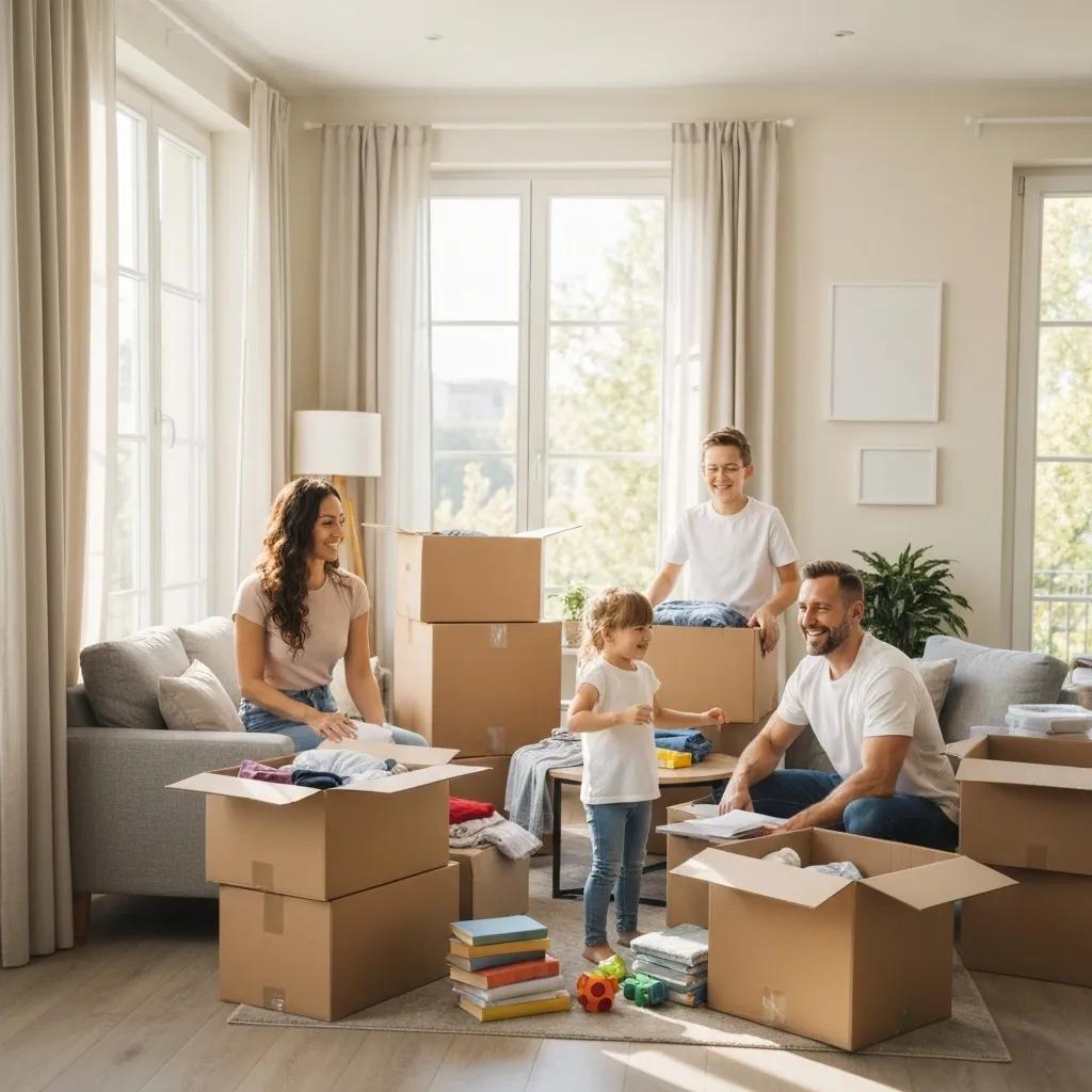 Family packing for a move, showcasing excitement and organization in a living room