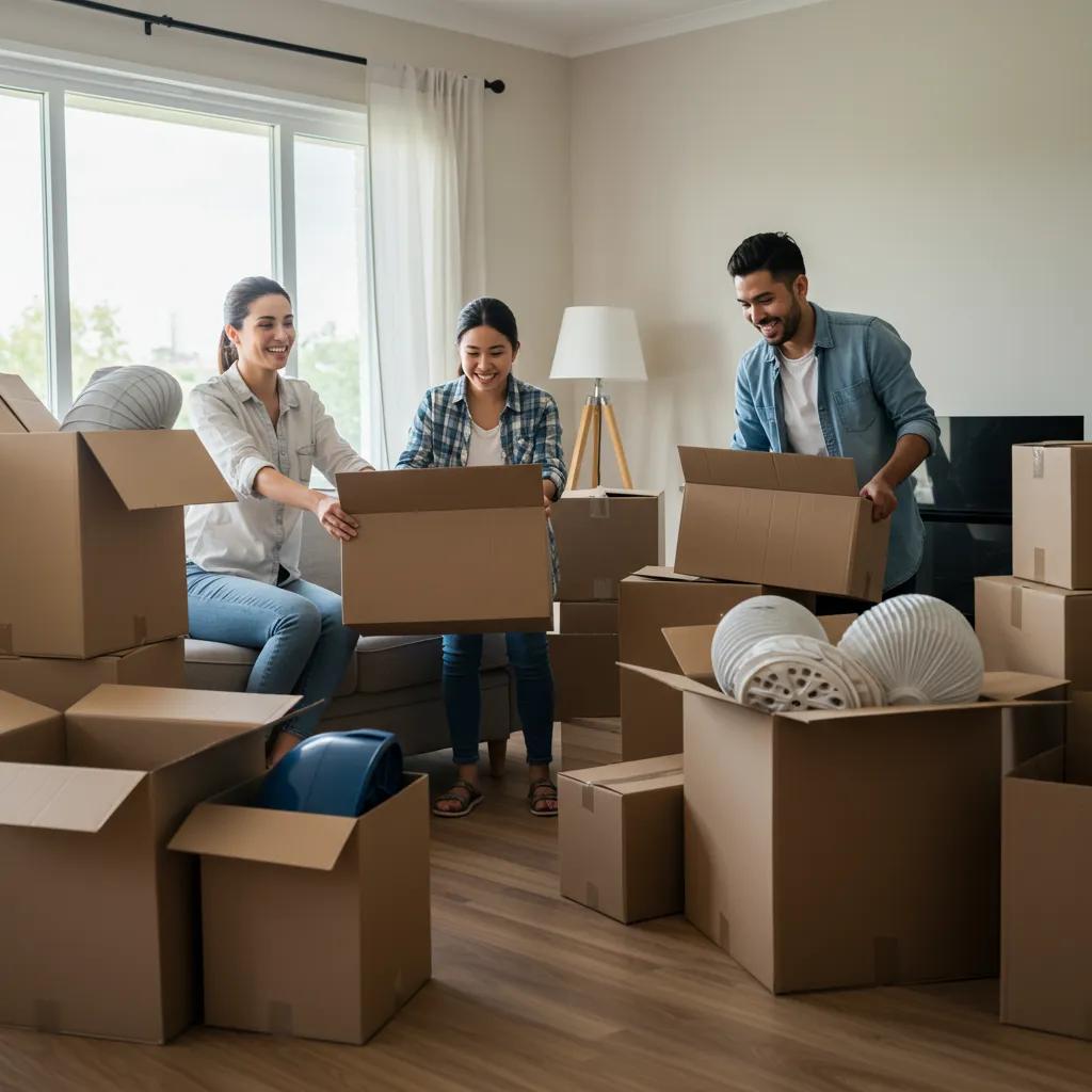 Happy family unpacking in their new home, illustrating a stress-free moving experience