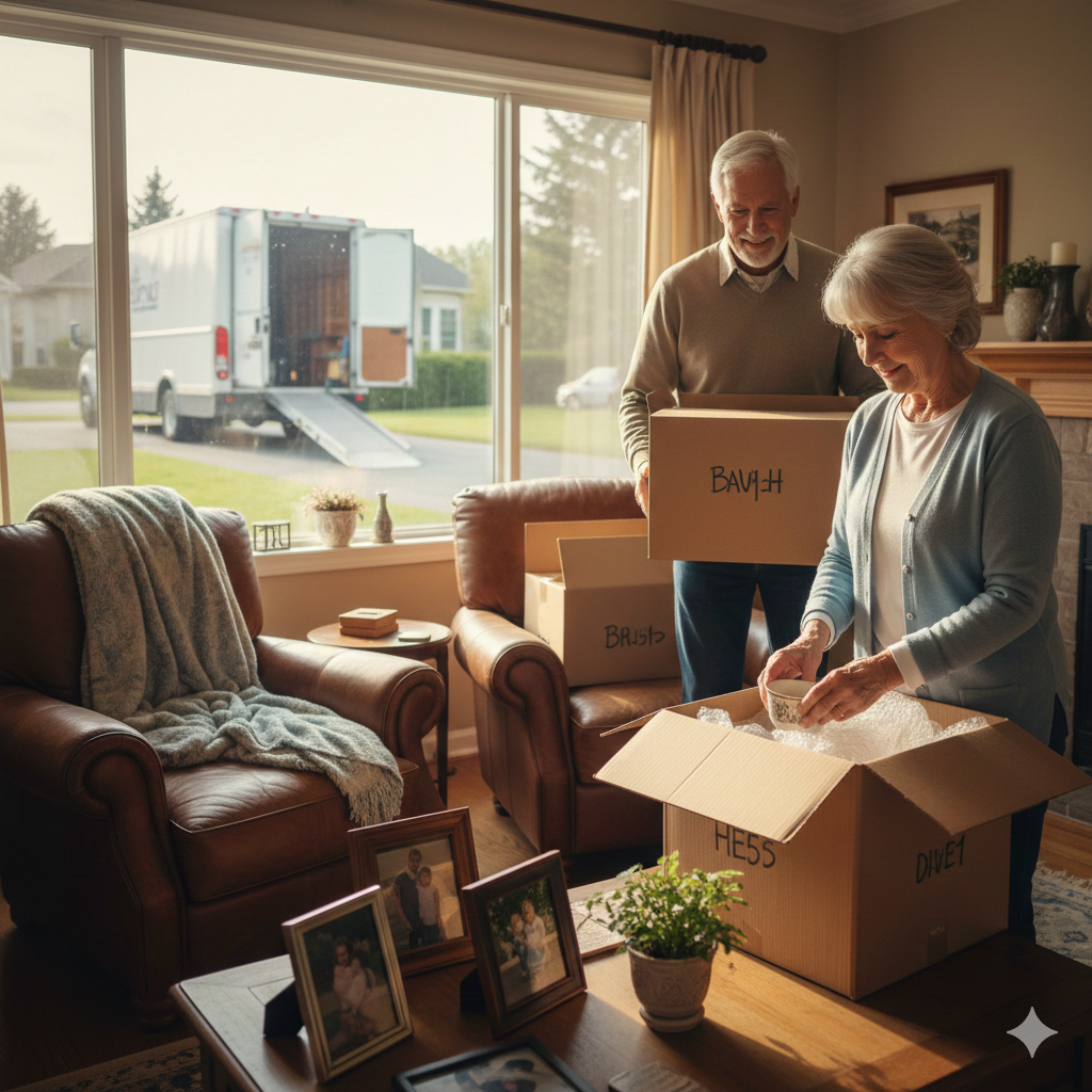 Elderly couple unpacking moving boxes in a cozy living room, with a moving truck visible through the window, depicting a transition to a new home.