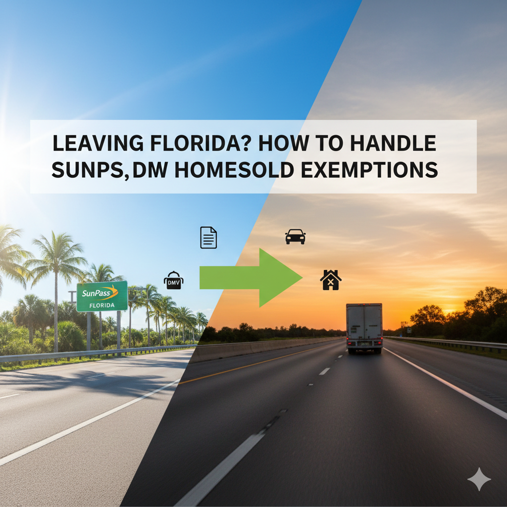 Leaving Florida graphic with SunPass sign, DMV icons, and moving truck illustration, highlighting administrative tasks for relocating, including toll accounts and Homestead exemptions.