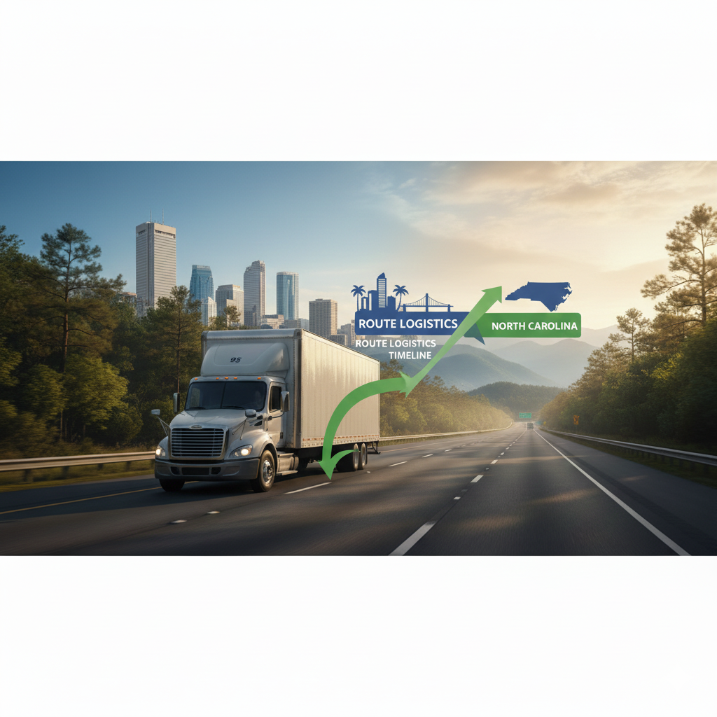 Moving truck on highway with route logistics to North Carolina, featuring urban skyline and mountainous backdrop.