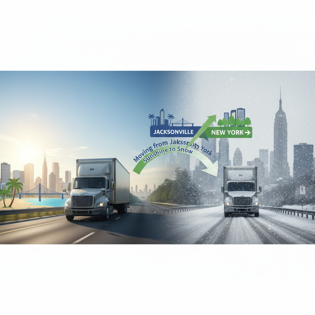 Moving truck traveling from Jacksonville to New York, with graphics illustrating the transition from sunshine to snow, symbolizing the lifestyle change associated with relocation.