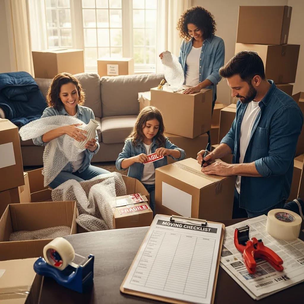 Family packing boxes for a long-distance move, including a checklist and packing materials, in a living room setting.