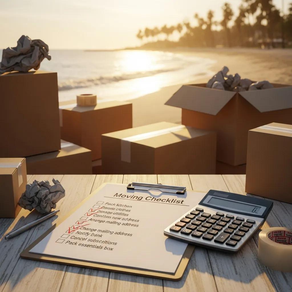 Clipboard and calculator on a table with moving boxes, representing cost planning for beach moves
