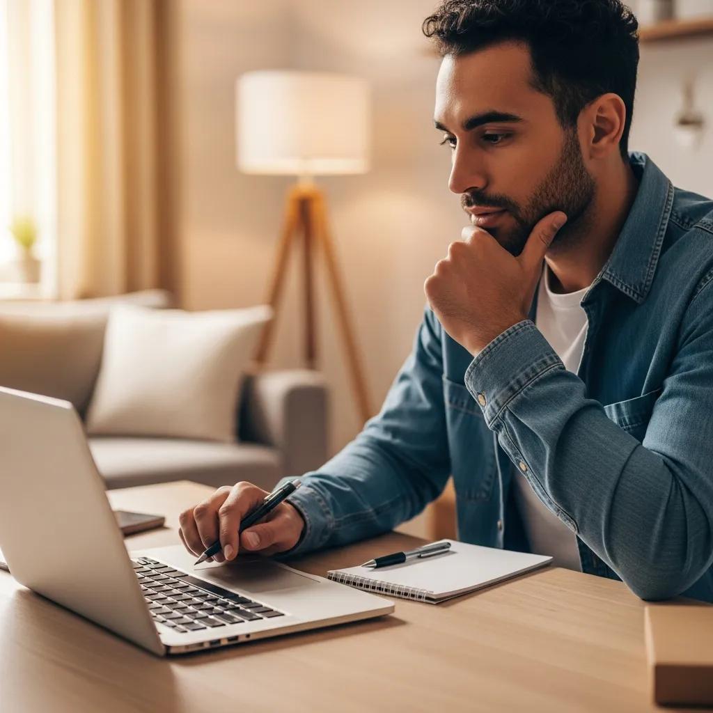 Customer reading reviews on a laptop in a cozy home office, emphasizing the importance of feedback in choosing a moving company