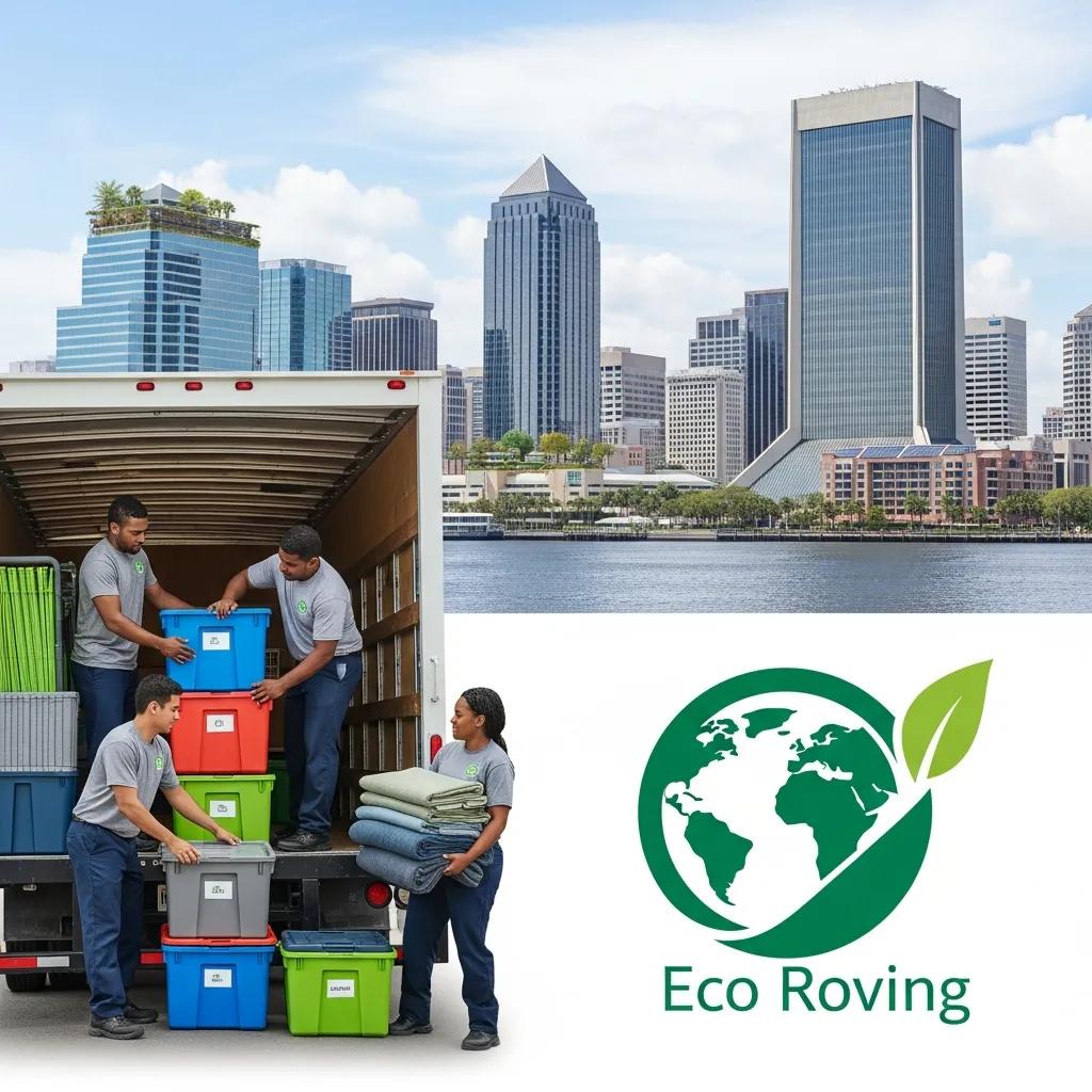 Eco-friendly moving practices with reusable packing materials and a green moving truck in Downtown Jacksonville