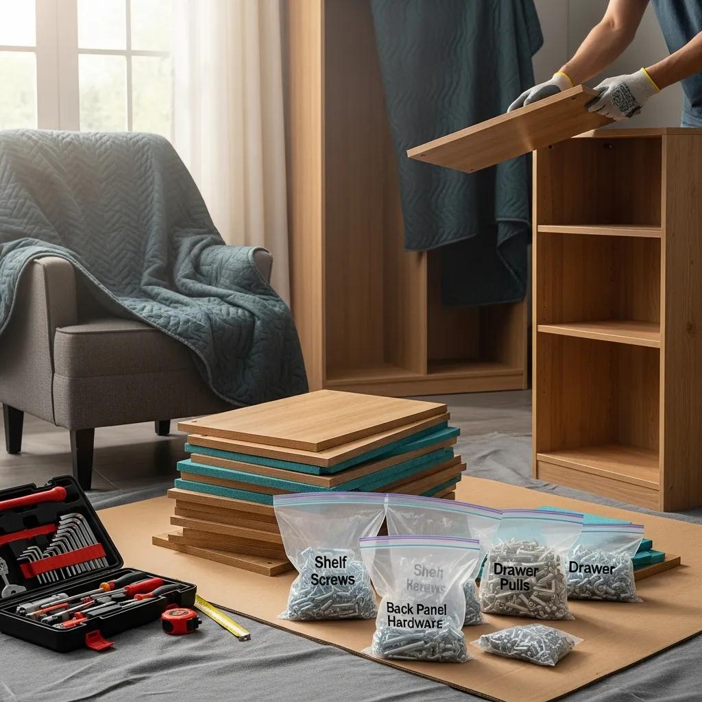 Furniture disassembly process with labeled hardware bags and protective covers
