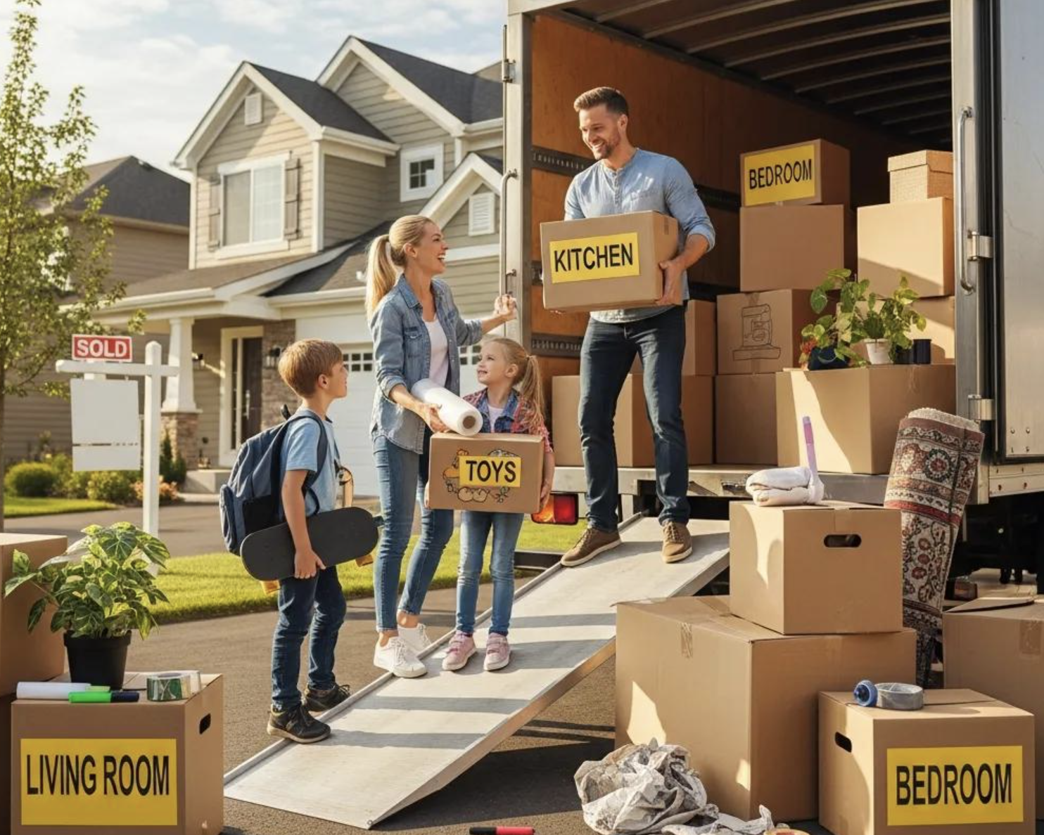 Family unloading moving boxes labeled "Toys," "Kitchen," and "Bedroom" from a moving truck in front of a house with a "Sold" sign, illustrating local moving preparations.